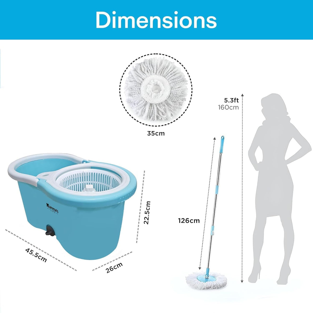 Mumma's LIFE Plastic Spin Mop Bucket, Moppers for Cleaning Floor, Mop Set Extendable Handle, Removable Wringer 360° with Floor Cleaner Mopping Stick (Square Mop Set)