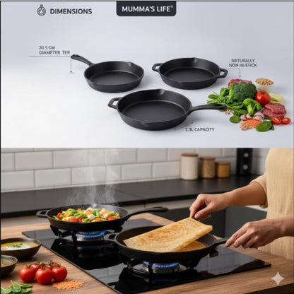 Mumma’s Life Cast Iron Cookware Set (3-Piece Combo) – Dosa Tawa (30.5 cm), Deep Kadai (2.3L) & Fry Pan (1.4L) | Pre-Seasoned, Naturally Non-Stick & Toxin-Free Heavy Duty Kitchen Set (Black)
