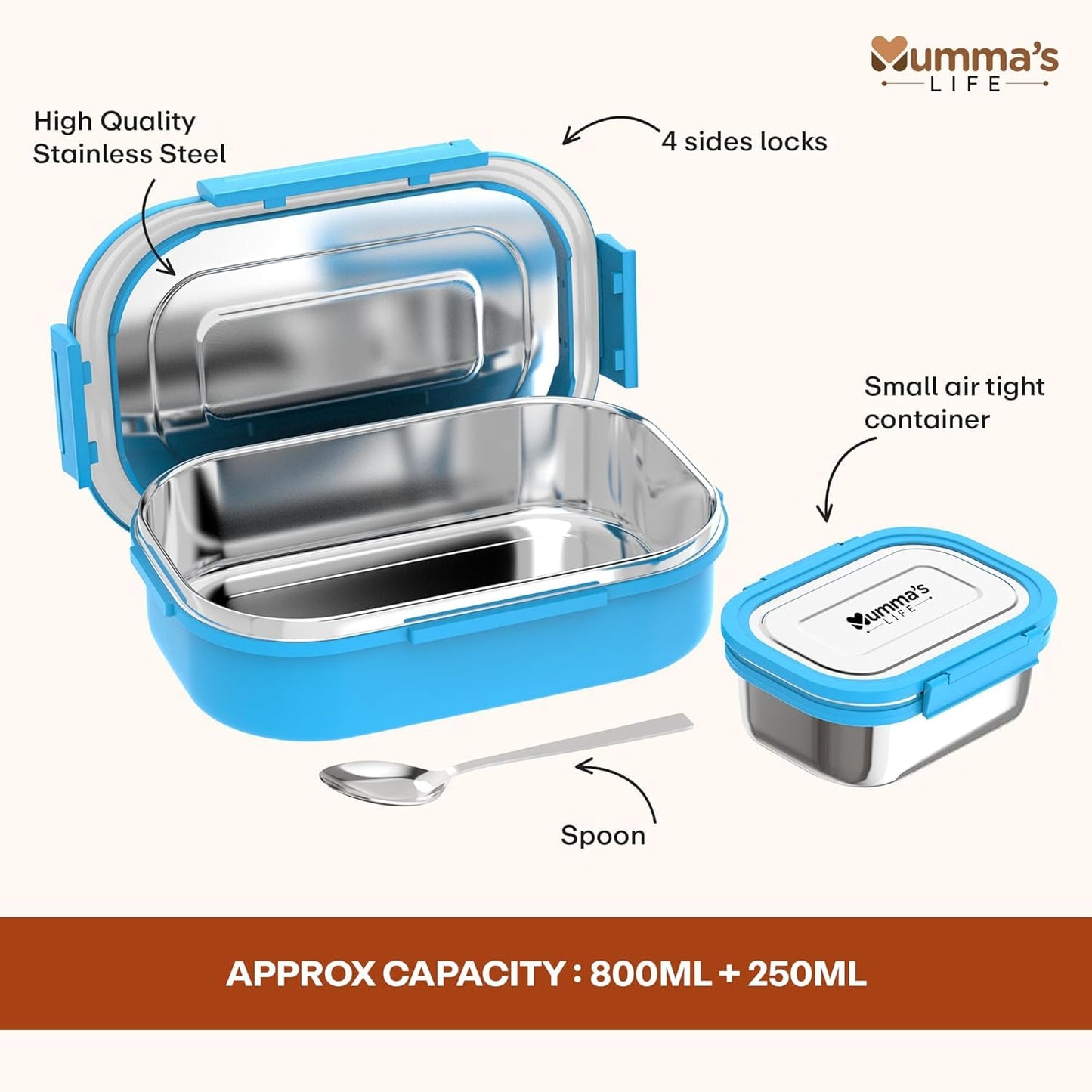 Mumma's LIFE Stainless Steel Tiffin Box with 4 Side Lock Lid, 910 ml and Inner Stainless Steel Container, 135 ml, Food Grade | Air Tight | Easy to Carry | Leak Proof (Kiddy Lunch Box Blue)