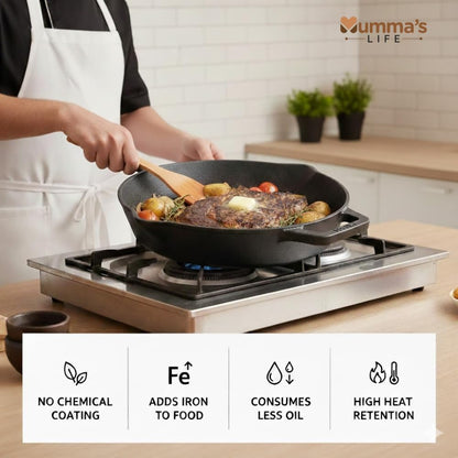 Mumma’s Life Cast Iron Cookware Set (3-Piece Combo) – Dosa Tawa (30.5 cm), Deep Kadai (2.3L) & Fry Pan (1.4L) | Pre-Seasoned, Naturally Non-Stick & Toxin-Free Heavy Duty Kitchen Set (Black)