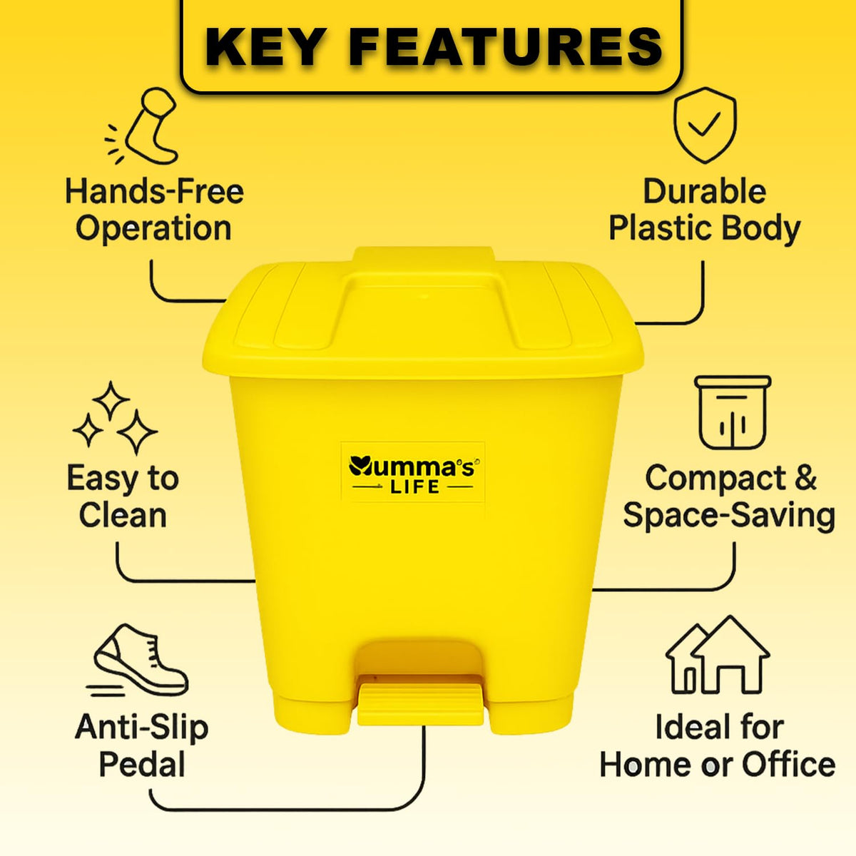 Mumma's LIFE Pedal Dustbin For Kitchen With Lid | 10L Yellow Pedal Dustbin Plastic Garbage Bin for Indoor & Outdoor Use | Step-On Waste Bin | Dust Bins For Home