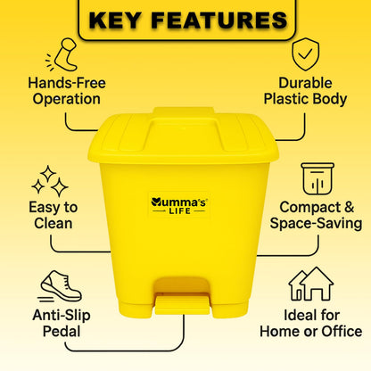 Mumma's LIFE Pedal Dustbin For Kitchen With Lid | 10L Yellow Pedal Dustbin Plastic Garbage Bin for Indoor & Outdoor Use | Step-On Waste Bin | Dust Bins For Home