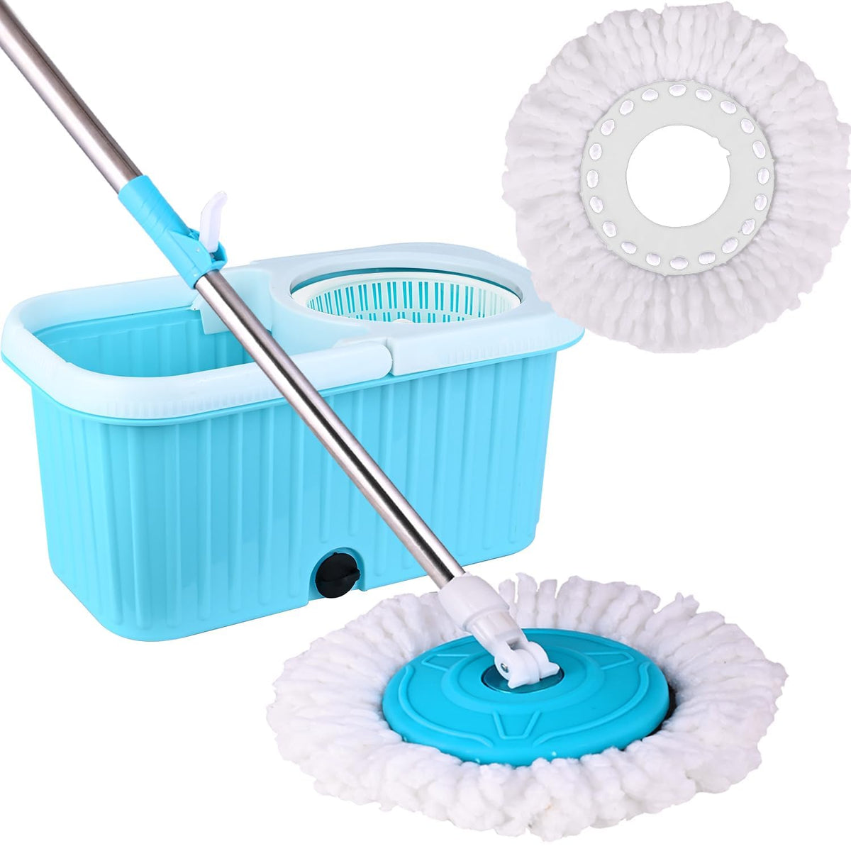 Mumma's LIFE Spin Mop with Bucket, 2 Wet Dry Mop Heads, Extendable Steel Handle, Square Mop