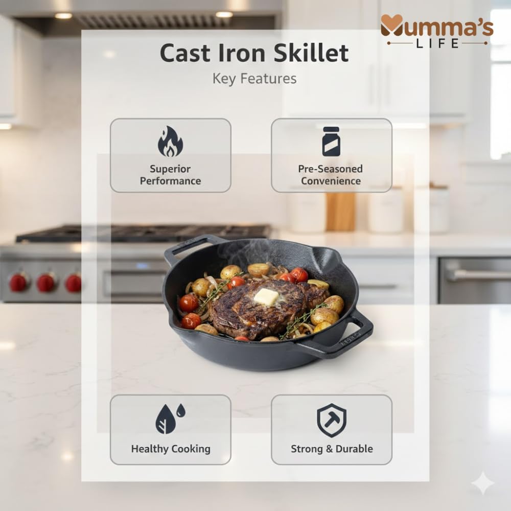 Mumma’s Life Cast Iron Cookware Set (3-Piece Combo) – Dosa Tawa (30.5 cm), Deep Kadai (2.3L) & Fry Pan (1.4L) | Pre-Seasoned, Naturally Non-Stick & Toxin-Free Heavy Duty Kitchen Set (Black)