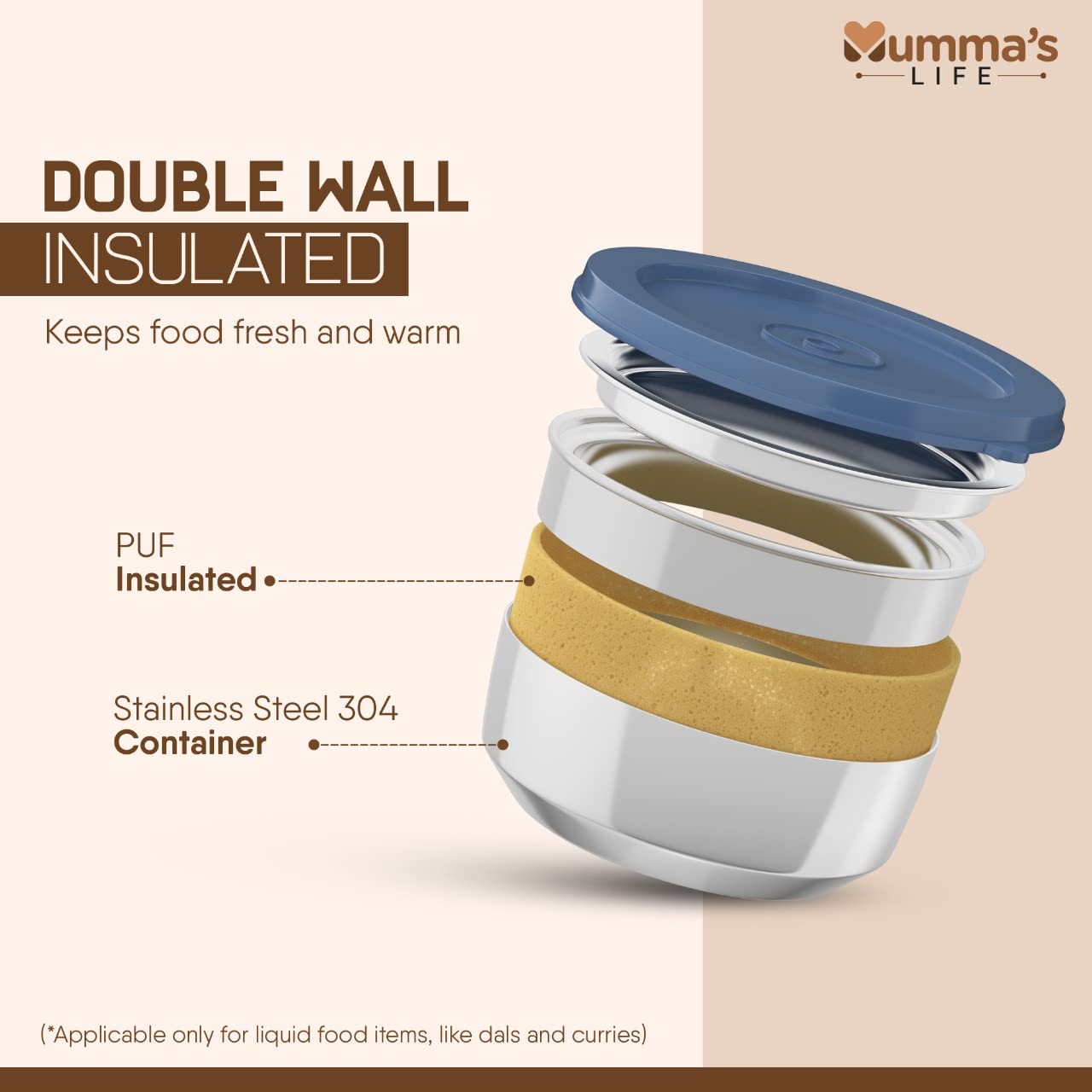 Mumma's LIFE- Insulated Lunch Box 2 Containers Lunch Box with Lid (280 ML) (Grey)