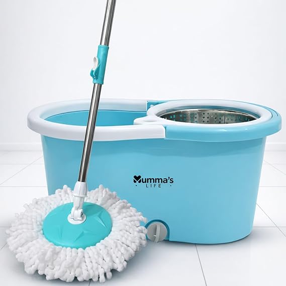 Mumma's LIFE Plastic Spin Mop Bucket, Moppers for Cleaning Floor, Mop Set Extendable Handle, Removable Wringer 360° with Floor Cleaner Mopping Stick (Square Mop Set)