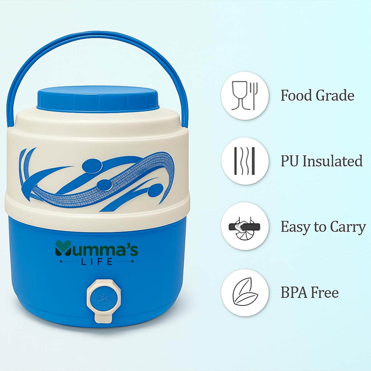 Mumma's LIFE Plastic Water Jug | 1 Piece | Food Grade | Easy to Carry | BPA Free | Ideal for Travel | Picnic | Homes | Office (Blue, 12Litre)