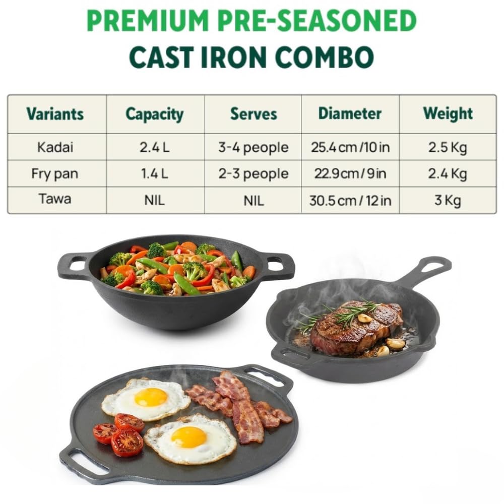 Mumma’s Life Cast Iron Cookware Set (3-Piece Combo) – Dosa Tawa (30.5 cm), Deep Kadai (2.3L) & Fry Pan (1.4L) | Pre-Seasoned, Naturally Non-Stick & Toxin-Free Heavy Duty Kitchen Set (Black)