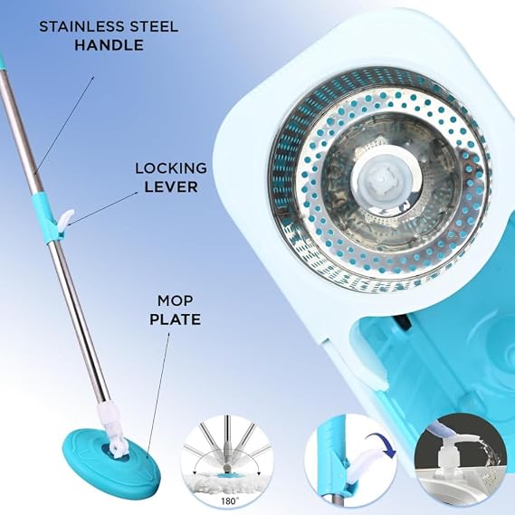 Mumma's LIFE Plastic Spin Mop Bucket, Moppers for Cleaning Floor, Mop Set Extendable Handle, Removable Wringer 360° with Floor Cleaner Mopping Stick (Square Mop Set)