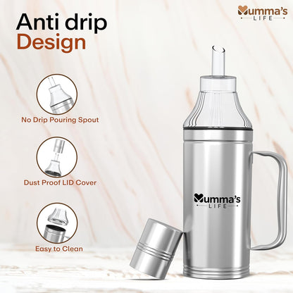 Mumma's LIFE Stainless Steel Oil Dispenser Bottle With Spill Proof Pourer