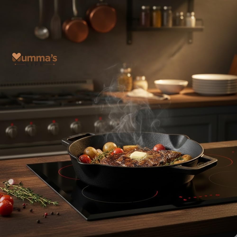 Mumma’s Life Cast Iron Cookware Set (3-Piece Combo) – Dosa Tawa (30.5 cm), Deep Kadai (2.3L) & Fry Pan (1.4L) | Pre-Seasoned, Naturally Non-Stick & Toxin-Free Heavy Duty Kitchen Set (Black)