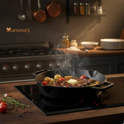 Mumma’s Life Cast Iron Cookware Set (3-Piece Combo) – Dosa Tawa (30.5 cm), Deep Kadai (2.3L) & Fry Pan (1.4L) | Pre-Seasoned, Naturally Non-Stick & Toxin-Free Heavy Duty Kitchen Set (Black)