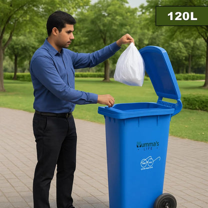Mumma's LIFE Big Dustbin Extra Large Size | 120L Plastic Manual-Lift Wheel Garbage Big Dustbin | Heavy Duty HDPE Waste Bin with Lid & Wheels | For Indoor & Outdoor Use (Blue)