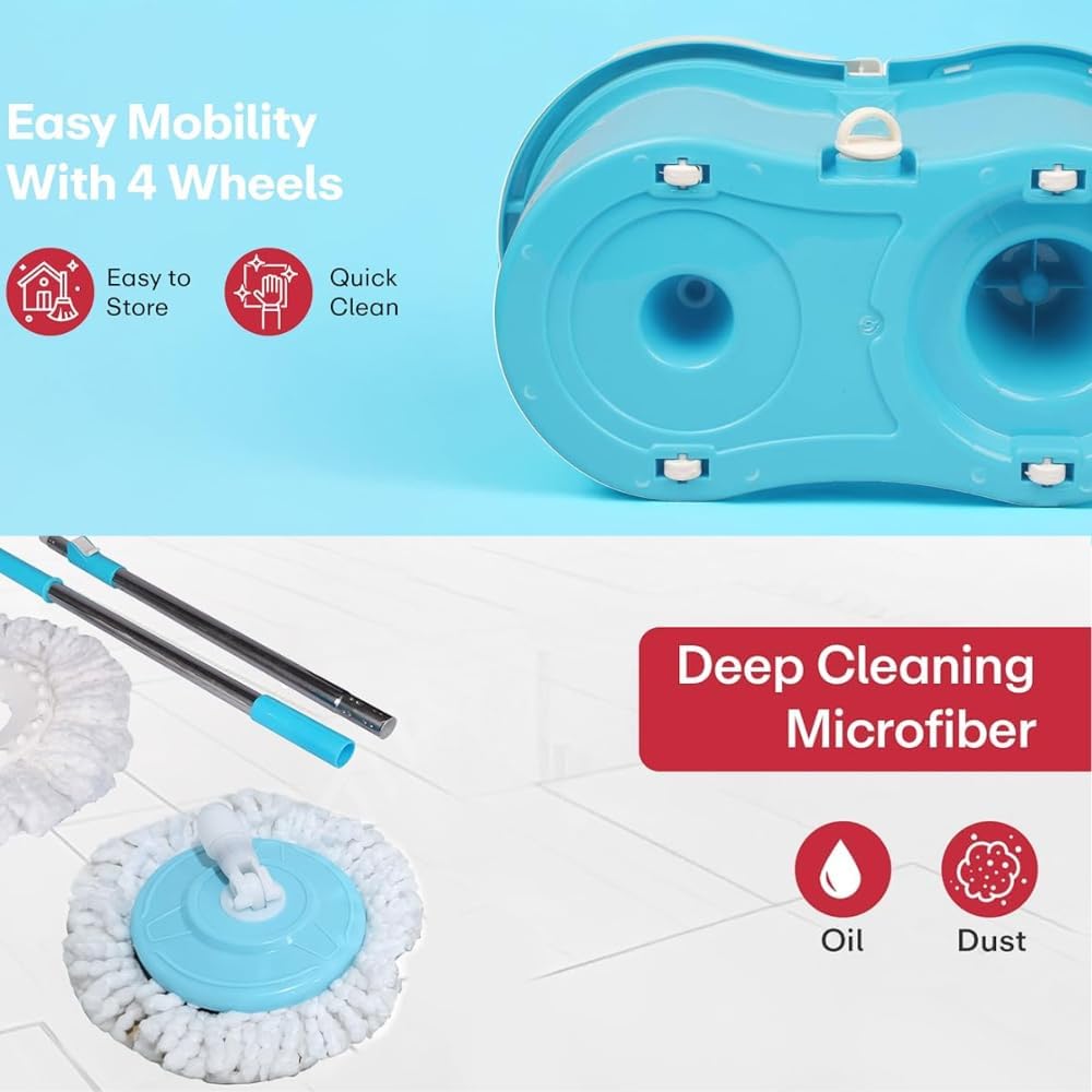 Mumma's LIFE Plastic Spin Mop Bucket, Moppers for Cleaning Floor, Mop Set Extendable Handle, Removable Wringer 360° with Floor Cleaner Mopping Stick (Square Mop Set)