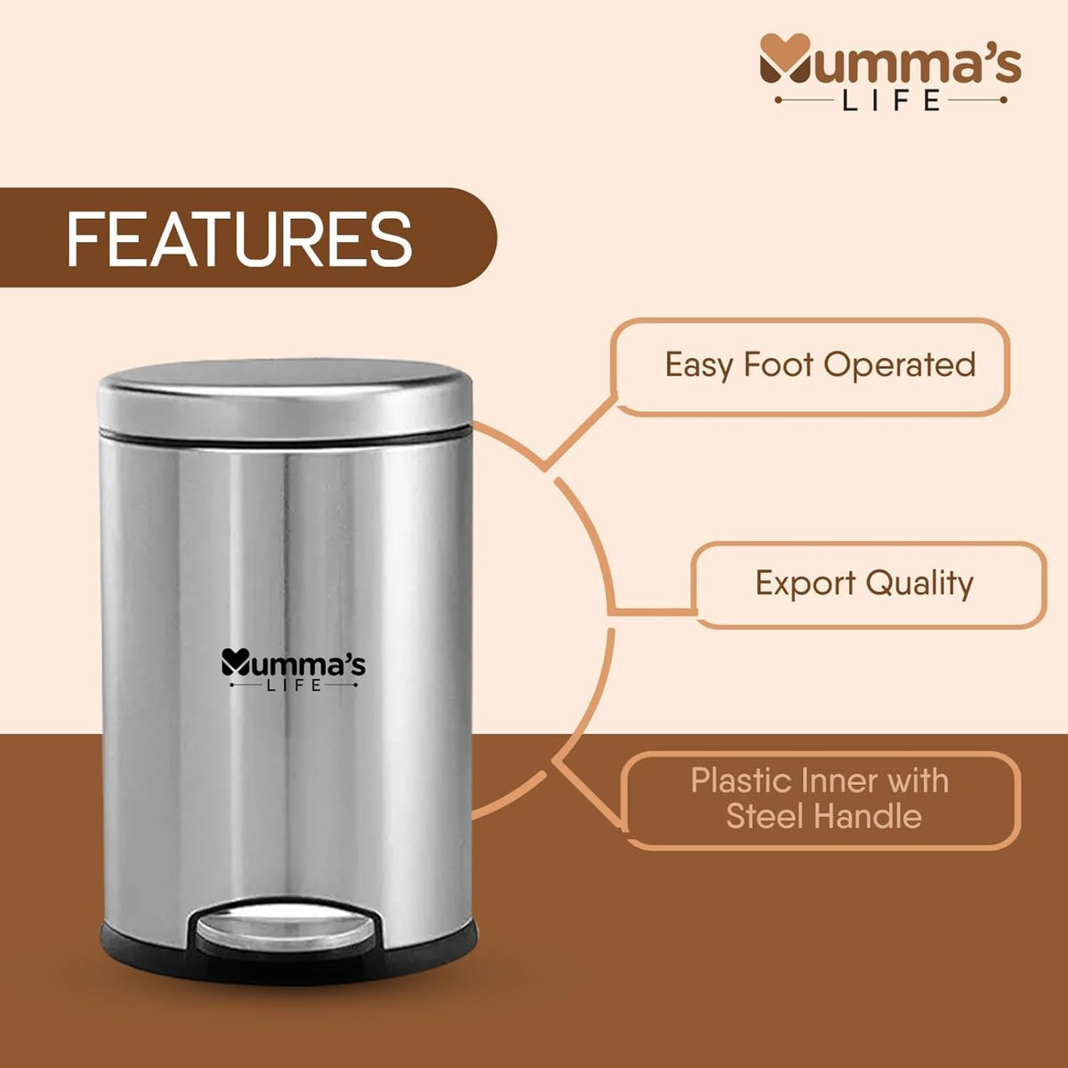 Mumma's LIFE Stainless Steel Pedal Dustbin for Bathroom with Lid | Round Garbage Bin with Plastic Inner Bucket | Silver Trash Can for Home, Kitchen & Office