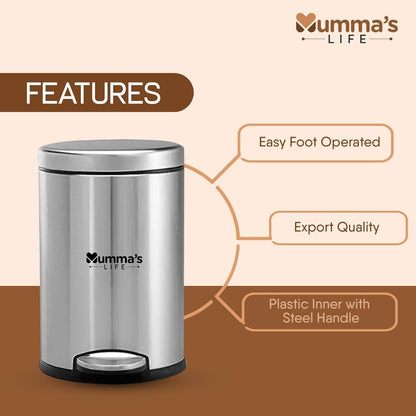 Mumma's LIFE Stainless Steel Pedal Dustbin for Bathroom with Lid | Round Garbage Bin with Plastic Inner Bucket | Silver Trash Can for Home, Kitchen & Office