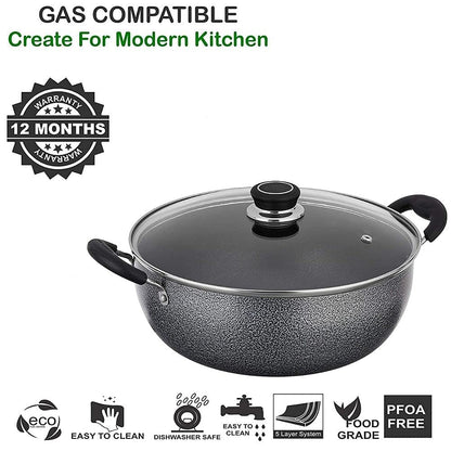 Hammertone Non-Stick Kadhai with Glass Lid