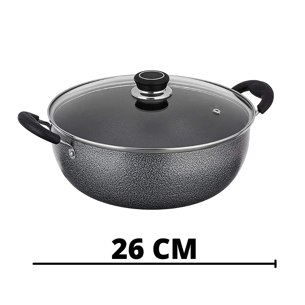 Hammertone Non-Stick Kadhai with Glass Lid