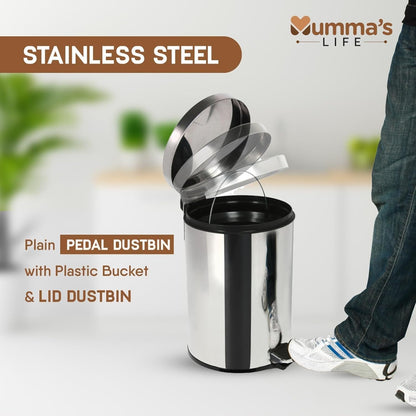 Mumma's LIFE Stainless Steel Pedal Dustbin for Bathroom with Lid | Round Garbage Bin with Plastic Inner Bucket | Silver Trash Can for Home, Kitchen & Office