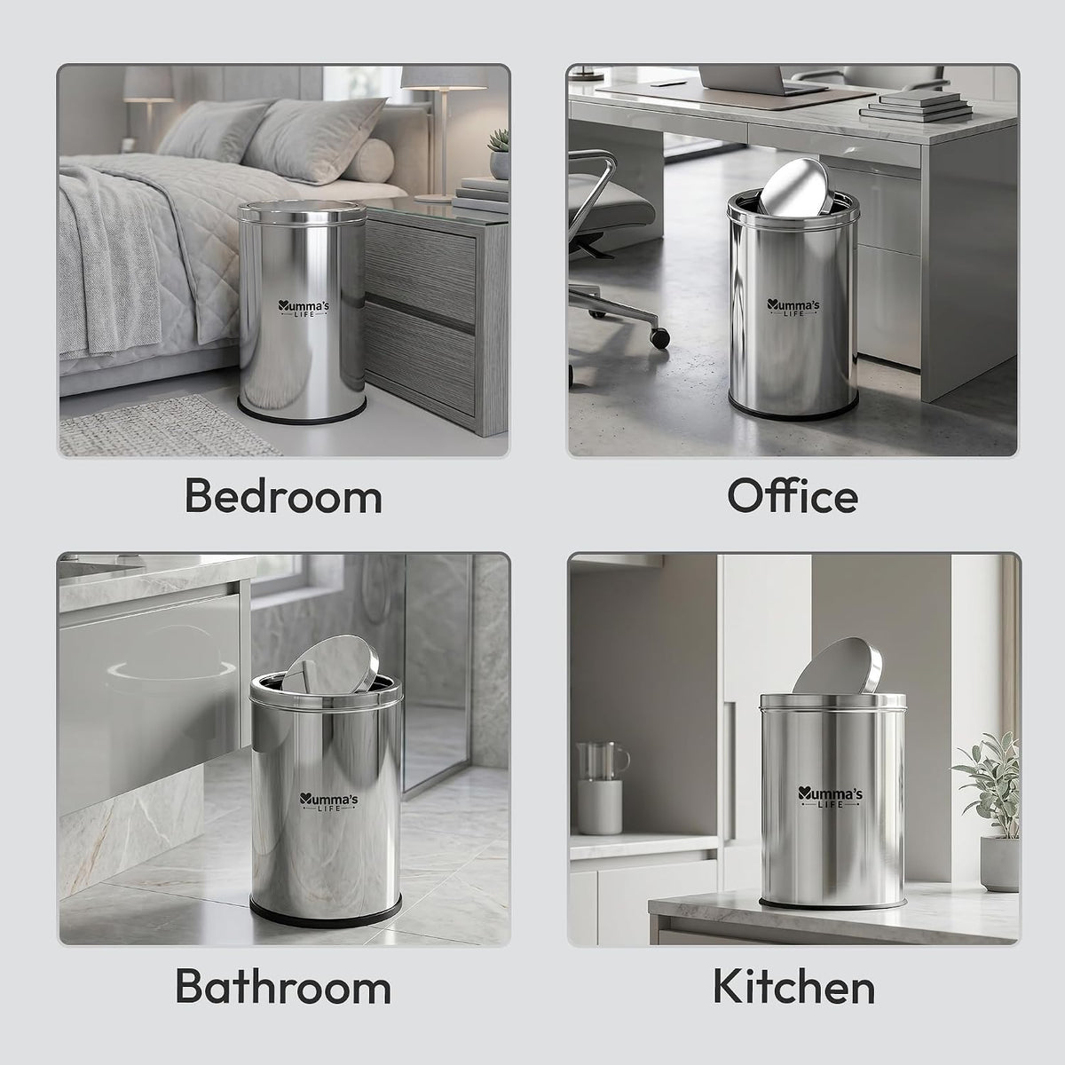 Mumma's LIFE Dustbin for Home | Stainless Steel Swing Dustbin with Lid | Trash Can for Kitchen, Bathroom, Washroom, Bedroom and Office