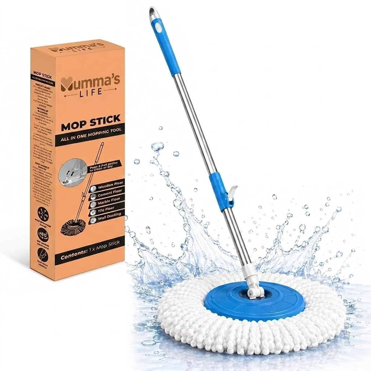Mumma's LIFE Spin Mop Stick Rod with Microfiber Refill, 42 Inch Metal Handle, 360 Degree