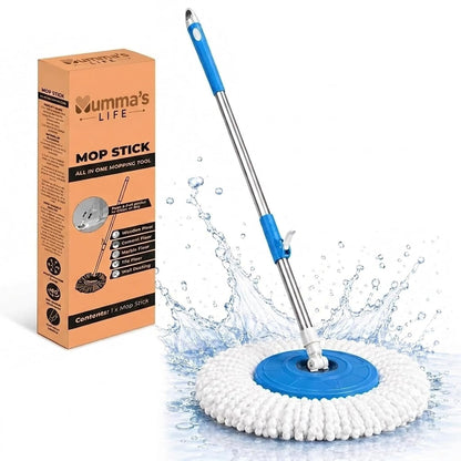 Mumma's LIFE Spin Mop Stick Rod with Microfiber Refill, 42 Inch Metal Handle, 360 Degree