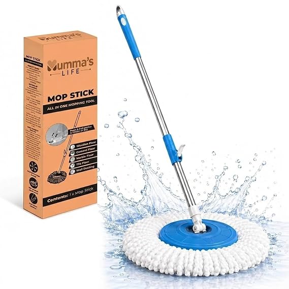 Mumma's LIFE Plastic Spin Mop Bucket, Moppers for Cleaning Floor, Mop Set Extendable Handle, Removable Wringer 360° with Floor Cleaner Mopping Stick (Square Mop Set)