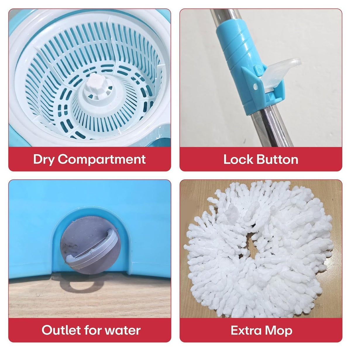 Mumma's LIFE Plastic Spin Mop Bucket, Moppers for Cleaning Floor, Mop Set Extendable Handle, Removable Wringer 360° with Floor Cleaner Mopping Stick (Square Mop Set)