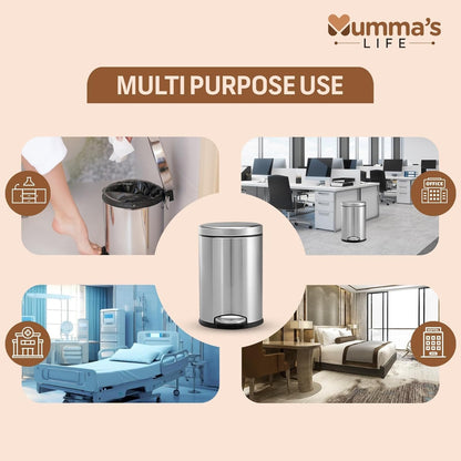 Mumma's LIFE Stainless Steel Pedal Dustbin for Bathroom with Lid | Round Garbage Bin with Plastic Inner Bucket | Silver Trash Can for Home, Kitchen & Office