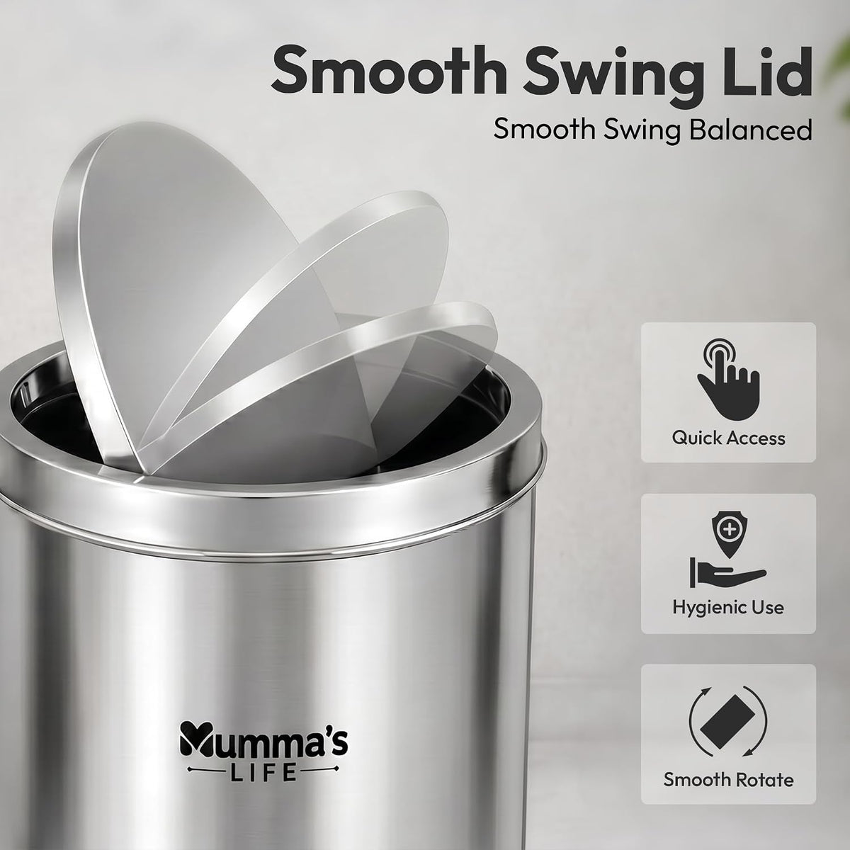 Mumma's LIFE Dustbin for Home | Stainless Steel Swing Dustbin with Lid | Trash Can for Kitchen, Bathroom, Washroom, Bedroom and Office