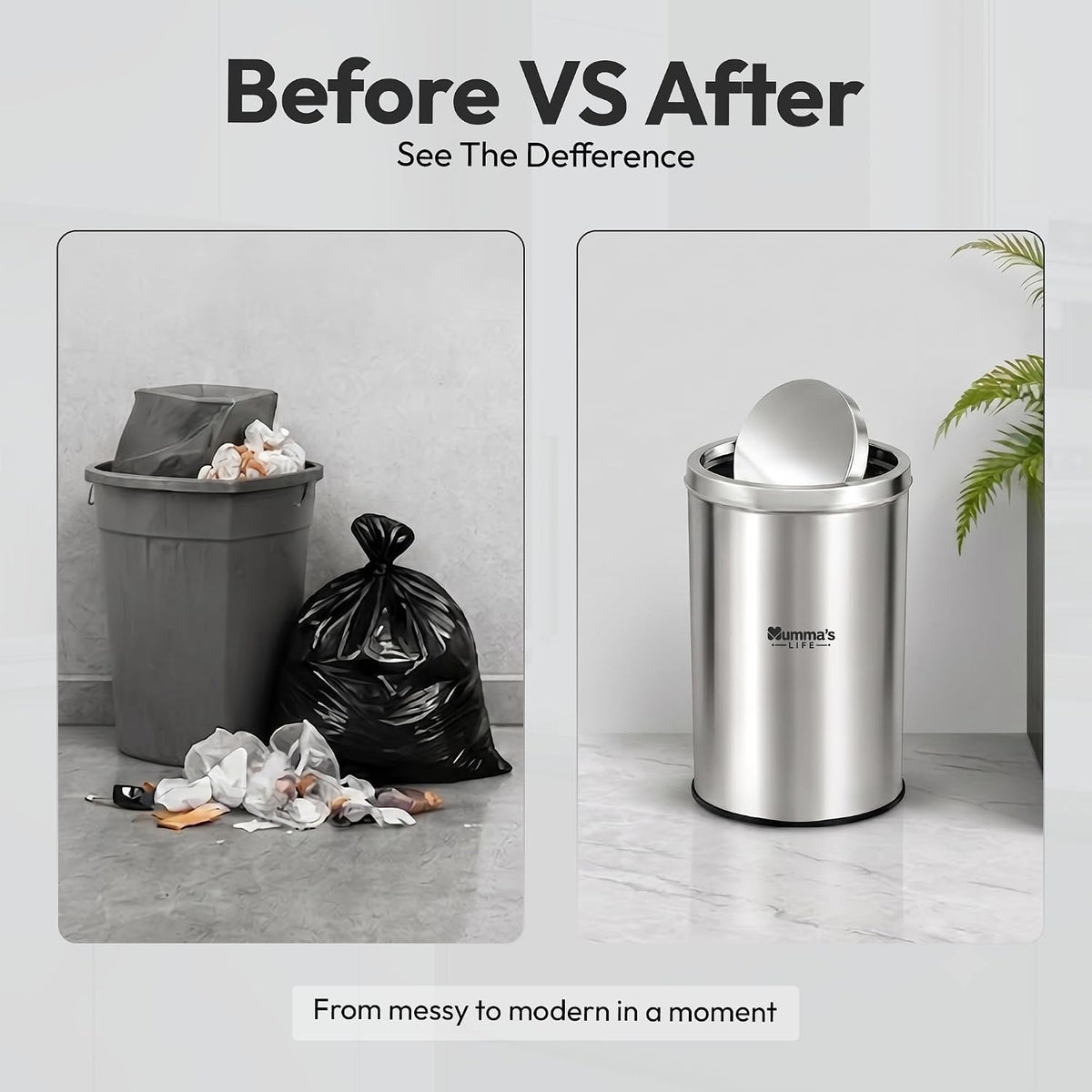 Mumma's LIFE Dustbin for Home | Stainless Steel Swing Dustbin with Lid | Trash Can for Kitchen, Bathroom, Washroom, Bedroom and Office