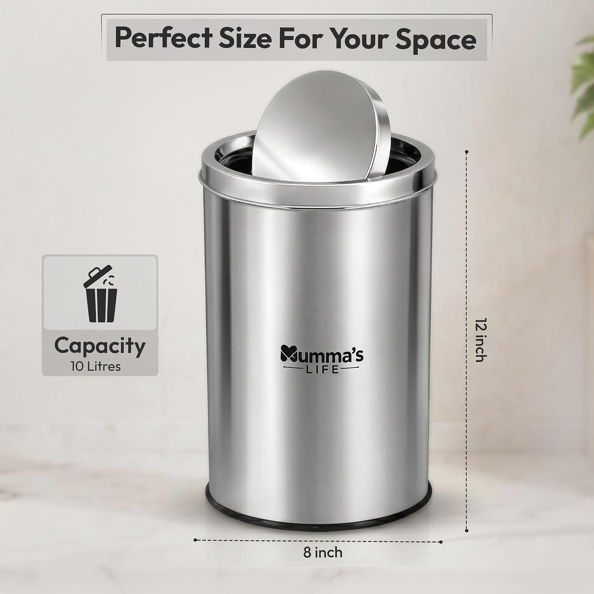 Mumma's LIFE Dustbin for Home | Stainless Steel Swing Dustbin with Lid | Trash Can for Kitchen, Bathroom, Washroom, Bedroom and Office
