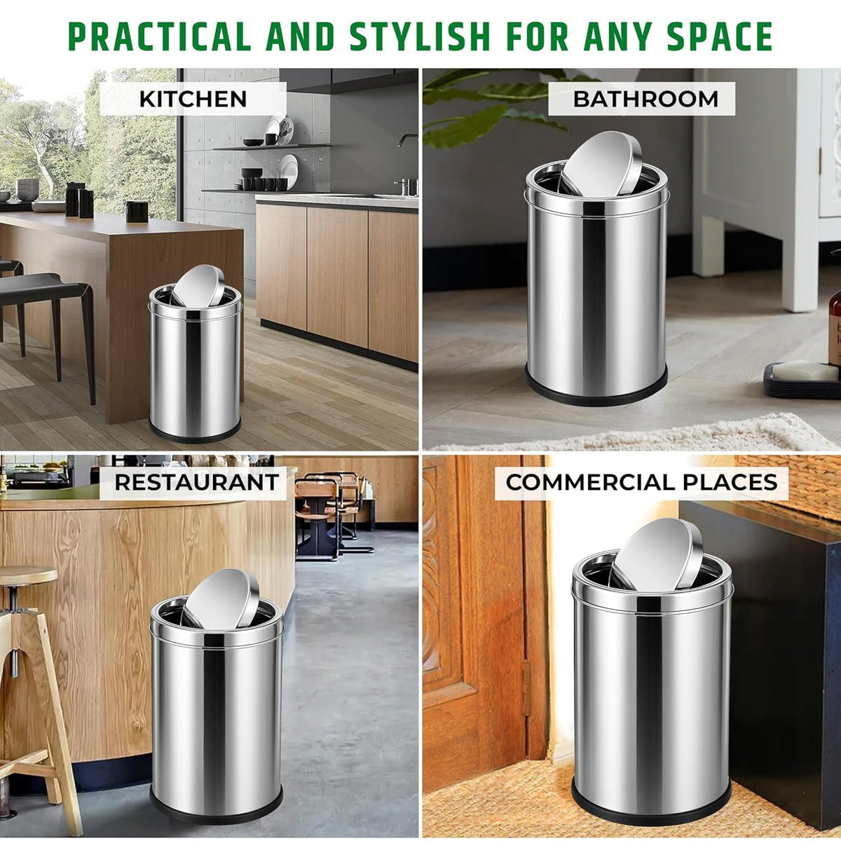 Mumma's LIFE Dustbin for Home | Stainless Steel Swing Dustbin with Lid | Trash Can for Kitchen, Bathroom, Washroom, Bedroom and Office