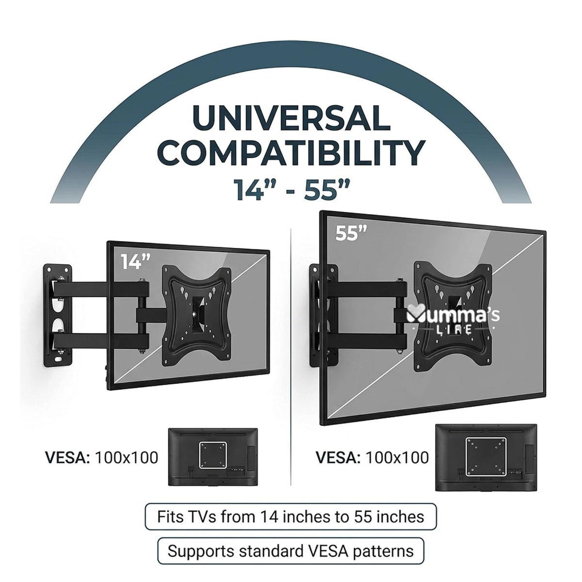 Mumma's LIFE Wall Mount TV Stand For 14 To 55 Inch LED Smart TVs Adjustable Swivel Tilt Movable Black