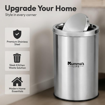 Mumma's LIFE Dustbin for Home | Stainless Steel Swing Dustbin with Lid | Trash Can for Kitchen, Bathroom, Washroom, Bedroom and Office