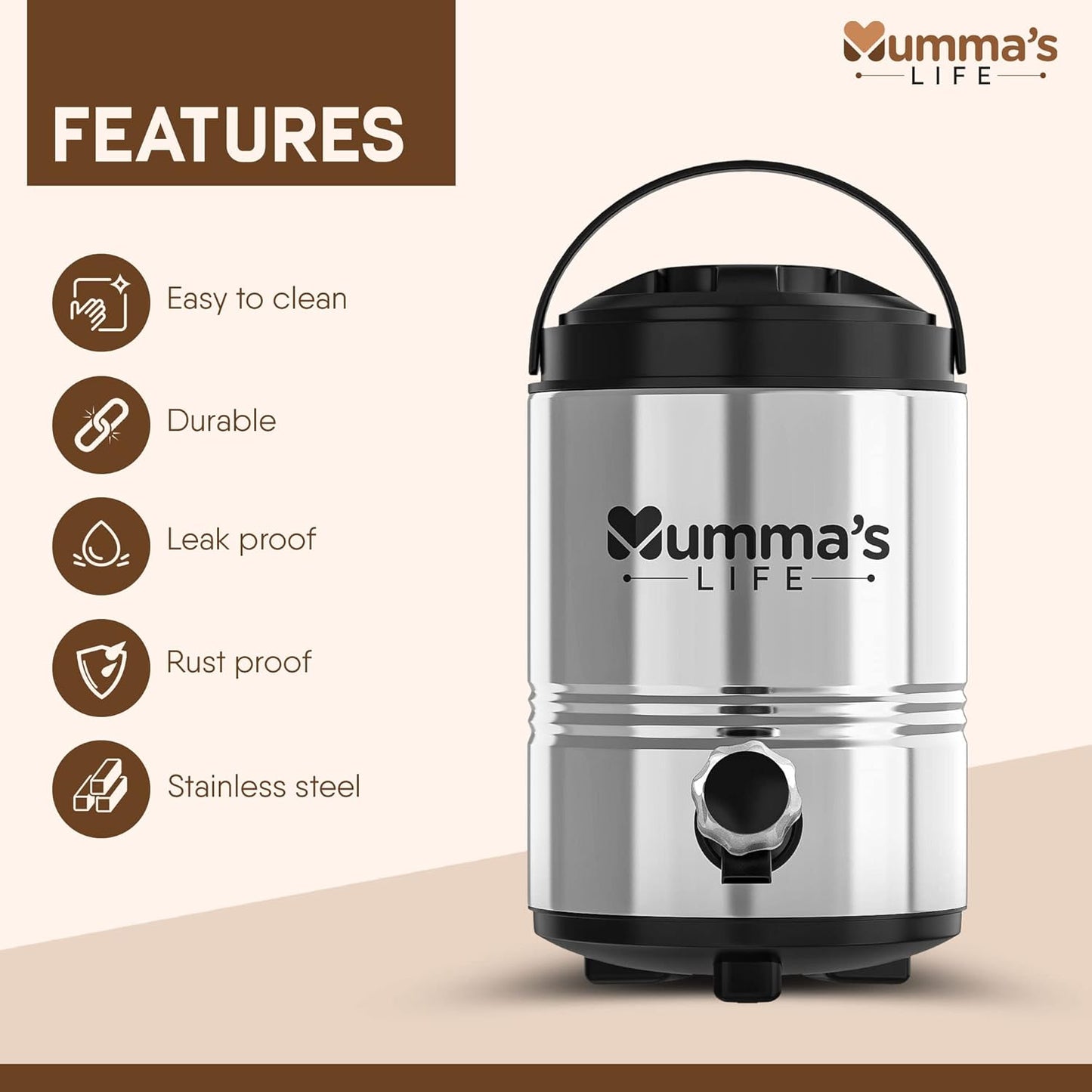 Mumma's LIFE Stainless Steel 7400ml Water Camper/Water Jug Vacuum Insulated Thermo Flask Jug Water Beverage Dispenser (10000)