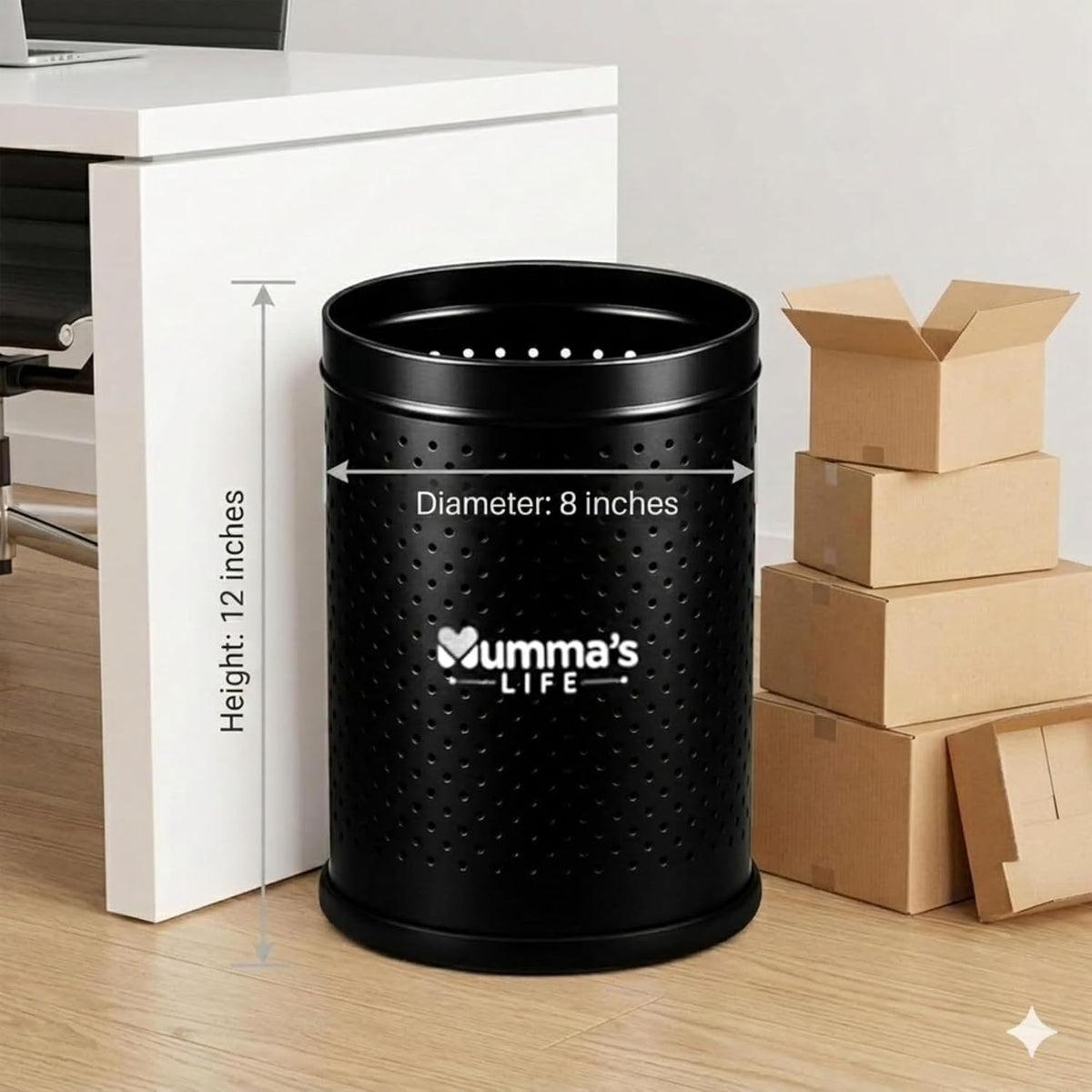 Mumma's LIFE Stainless Steel Dustbin, Black, Silver Perforated Open Top Garbage Bin with Anti-Skid Base | Small Dustbin for Bathroom, Kitchen, Bedroom & Office