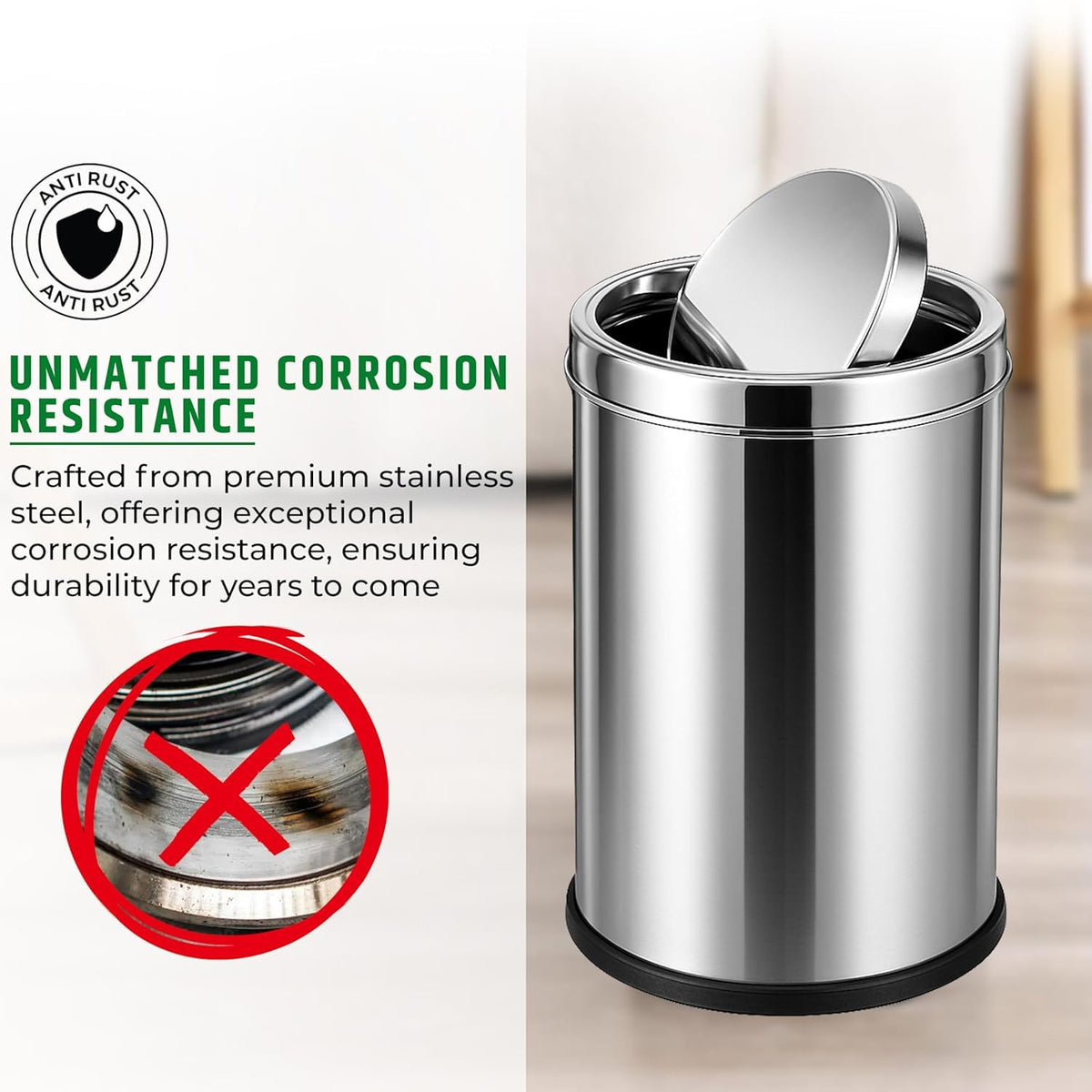 Mumma's LIFE Dustbin for Home | Stainless Steel Swing Dustbin with Lid | Trash Can for Kitchen, Bathroom, Washroom, Bedroom and Office