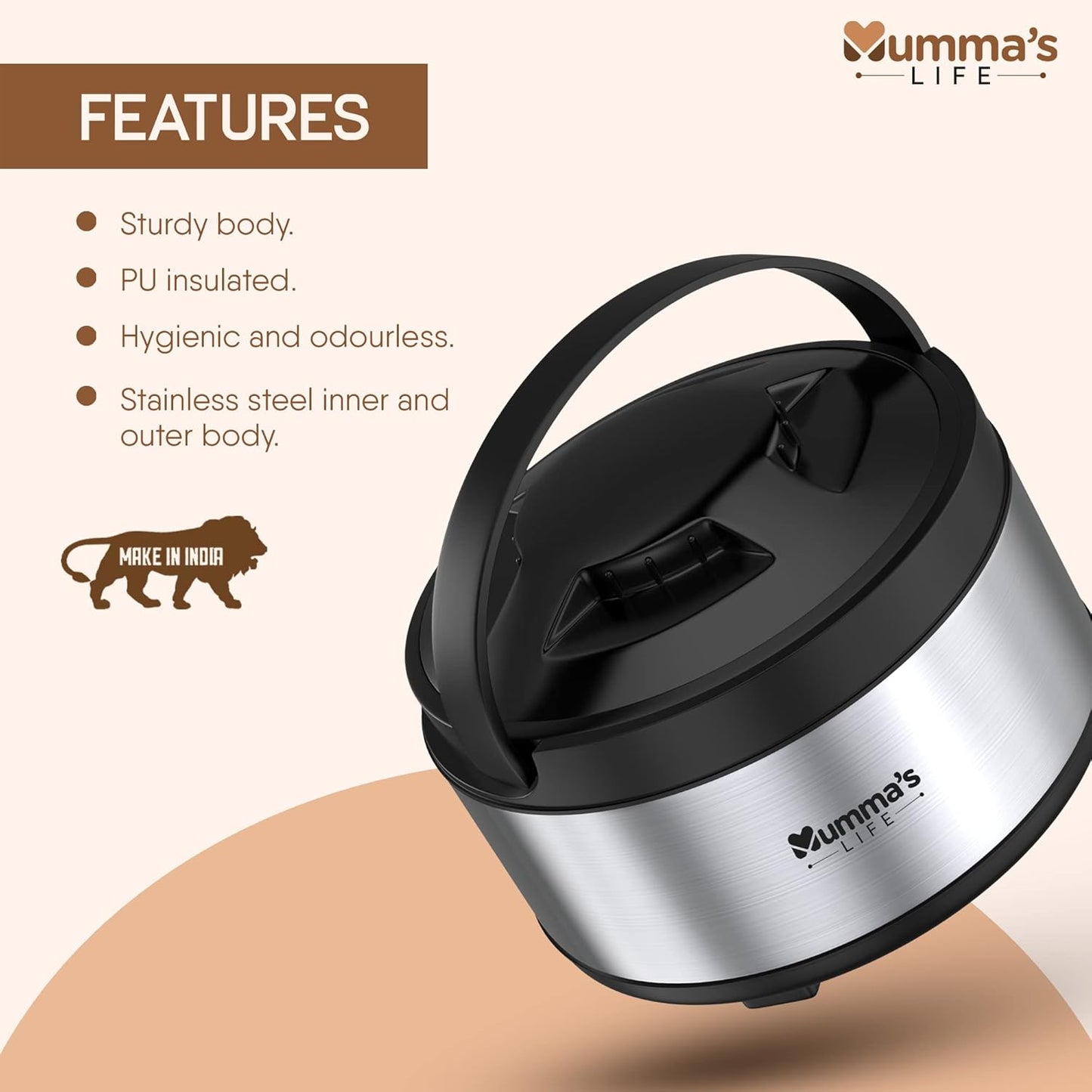 Mumma's LIFE Stainless Steel Thermoware Casserole with Lid for Roti/Chapati | Double Wall Insulated Hot Pot for hot Meal (12000ML)