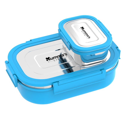 Mumma's LIFE Stainless Steel Tiffin Box with 4 Side Lock Lid, 910 ml and Inner Stainless Steel Container, 135 ml, Food Grade | Air Tight | Easy to Carry | Leak Proof (Kiddy Lunch Box Blue)
