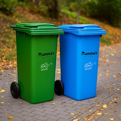 Mumma's LIFE 120L Dustbin for Home | Plastic Manual-Lift Wheel Garbage Bin | Heavy Duty HDPE Waste Bin with Lid & Wheels | Green & Blue | Pack of 2