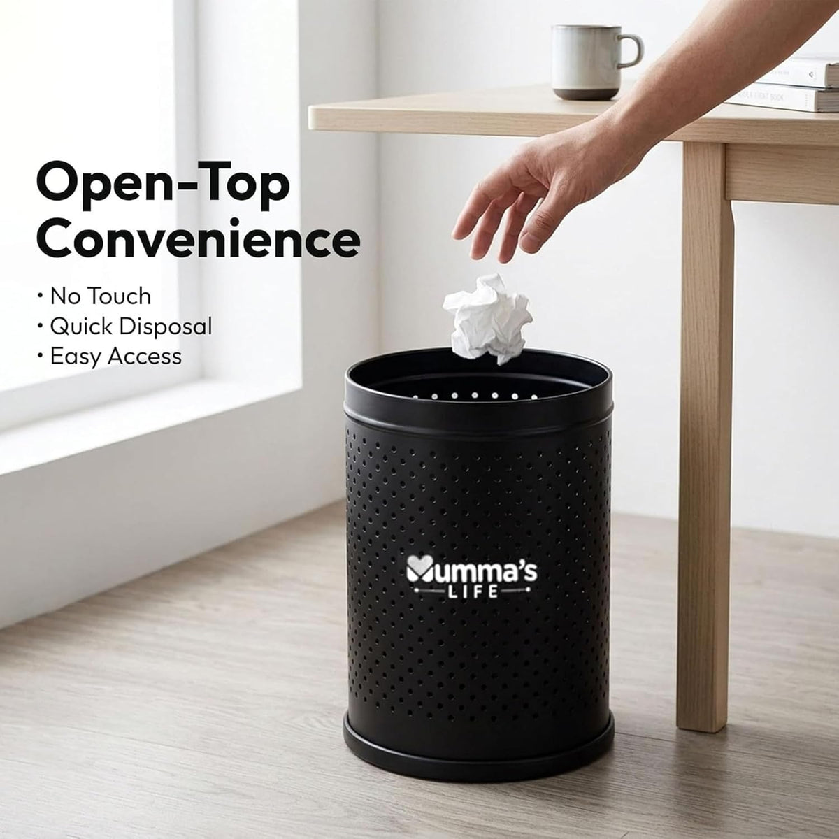 Mumma's LIFE Stainless Steel Dustbin, Black, Silver Perforated Open Top Garbage Bin with Anti-Skid Base | Small Dustbin for Bathroom, Kitchen, Bedroom & Office