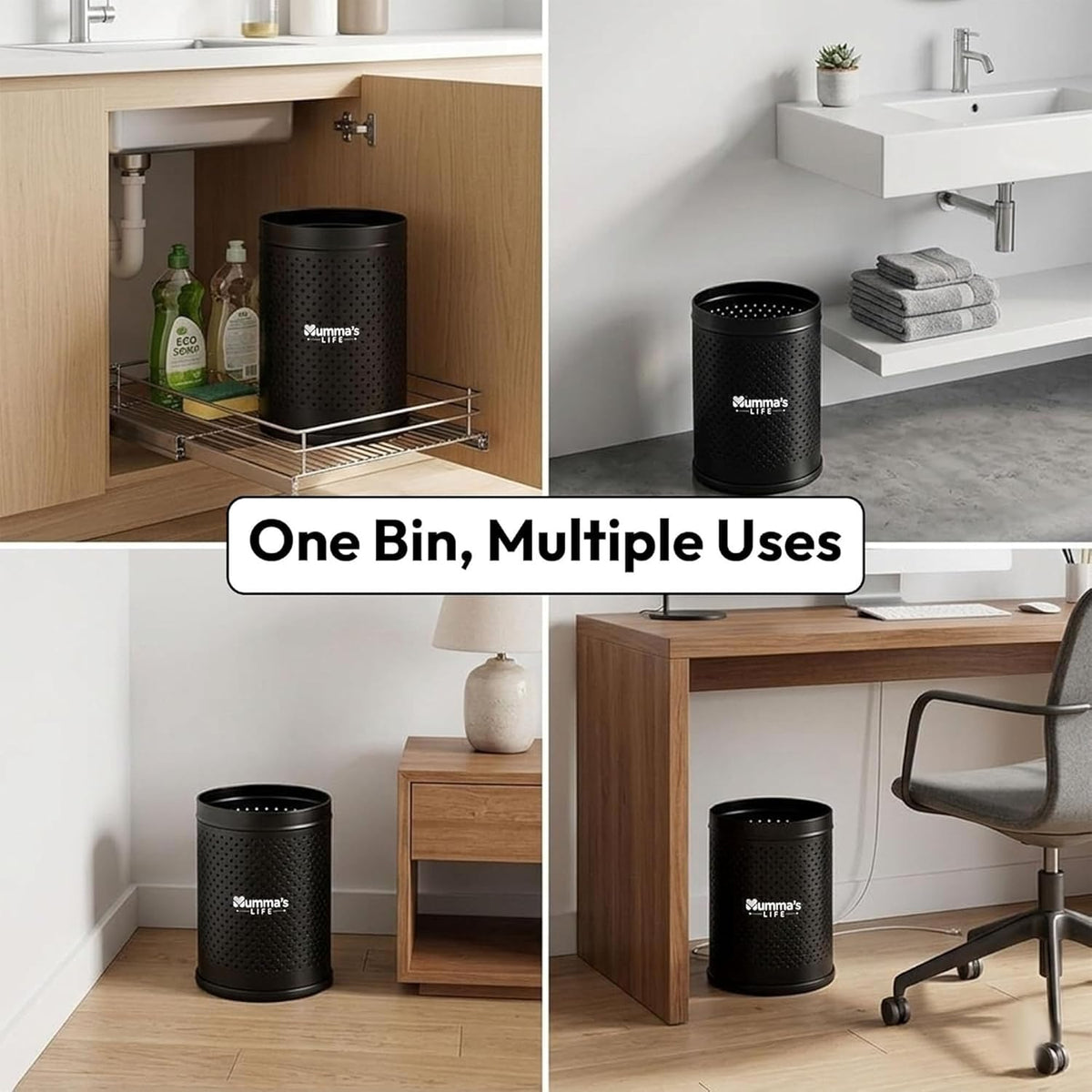 Mumma's LIFE Stainless Steel Dustbin, Black, Silver Perforated Open Top Garbage Bin with Anti-Skid Base | Small Dustbin for Bathroom, Kitchen, Bedroom & Office