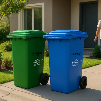 Mumma's LIFE 120L Dustbin for Home | Plastic Manual-Lift Wheel Garbage Bin | Heavy Duty HDPE Waste Bin with Lid & Wheels | Green & Blue | Pack of 2