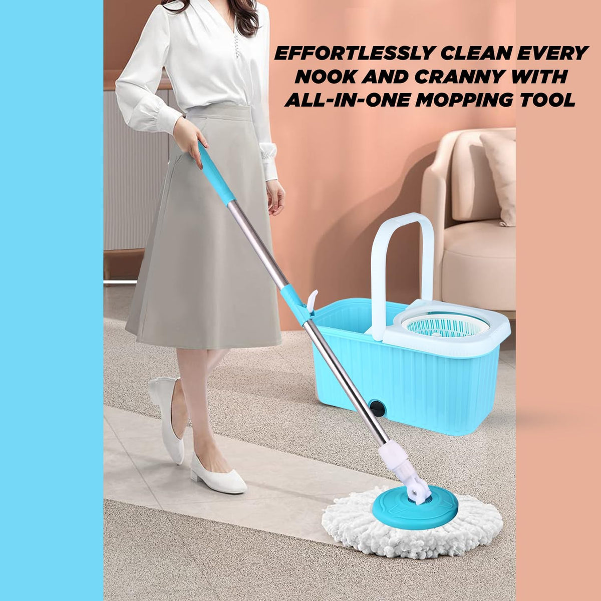 Mumma's LIFE Spin Mop with Bucket, 2 Wet Dry Mop Heads, Extendable Steel Handle, Square Mop