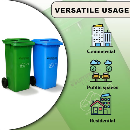 Mumma's LIFE 120L Dustbin for Home | Plastic Manual-Lift Wheel Garbage Bin | Heavy Duty HDPE Waste Bin with Lid & Wheels | Green & Blue | Pack of 2