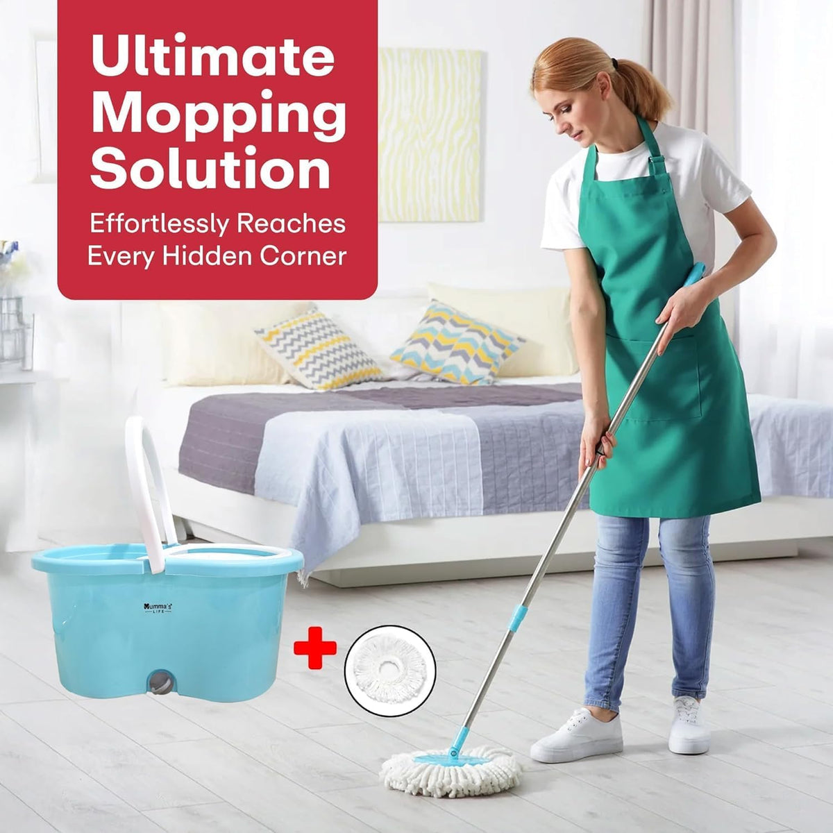 Mumma's LIFE Plastic Spin Mop Bucket, Moppers for Cleaning Floor, Mop Set Extendable Handle, Removable Wringer 360° with Floor Cleaner Mopping Stick (Square Mop Set)