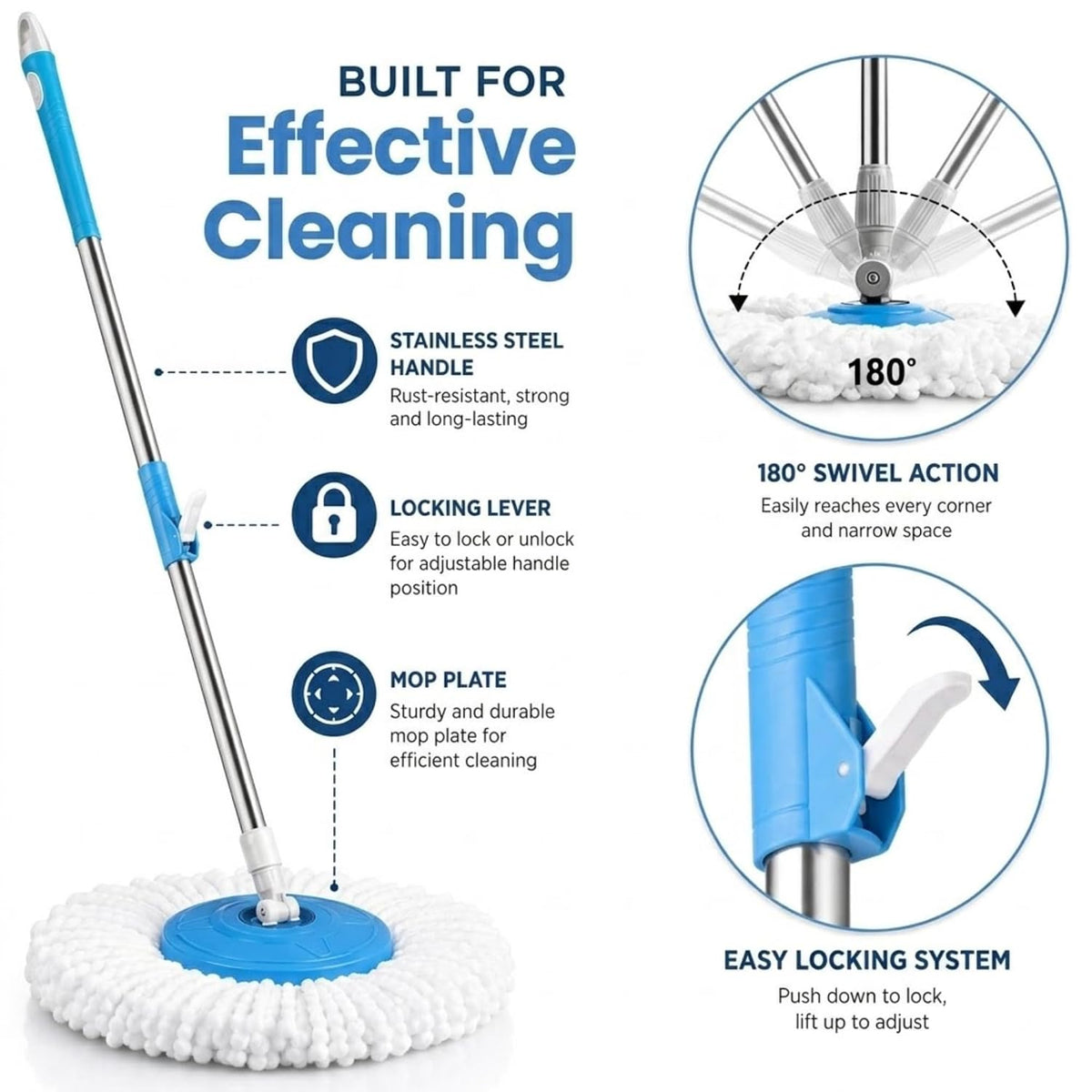 Mumma's LIFE Spin Mop Stick Rod with Microfiber Refill, 42 Inch Metal Handle, 360 Degree