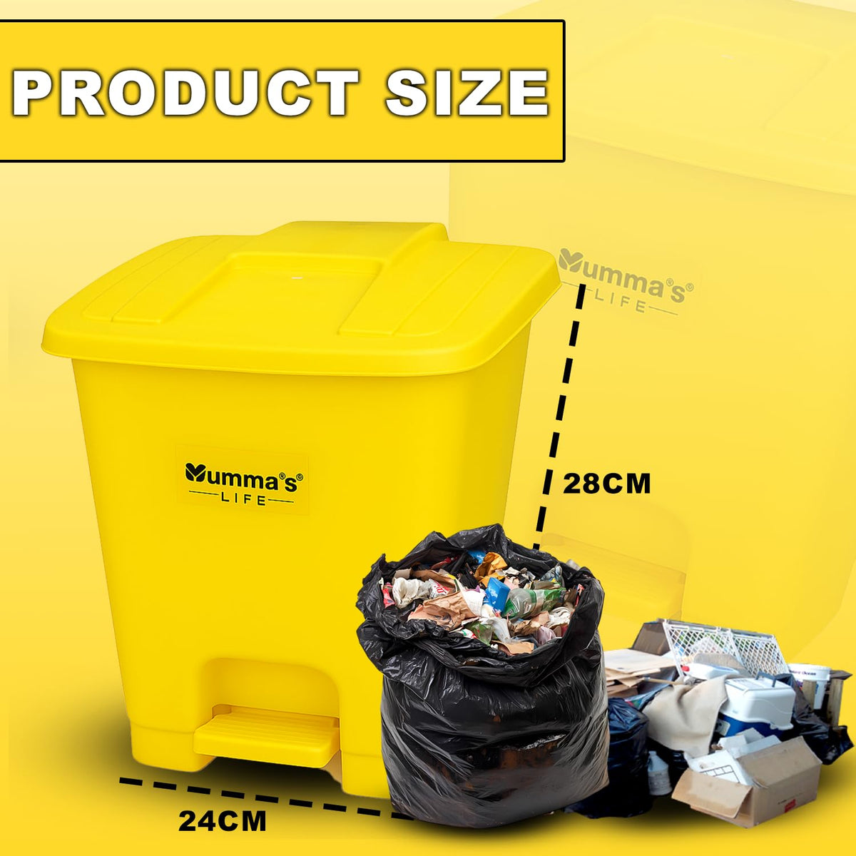 Mumma's LIFE Pedal Dustbin For Kitchen With Lid | 10L Yellow Pedal Dustbin Plastic Garbage Bin for Indoor & Outdoor Use | Step-On Waste Bin | Dust Bins For Home