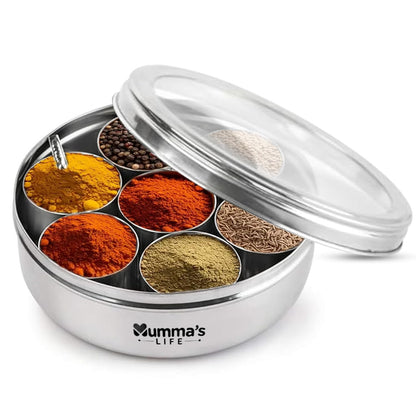 Stainless Steel Masala Box For Kitchen with See Through Lid, 7 Containers and 1 Small Spoons